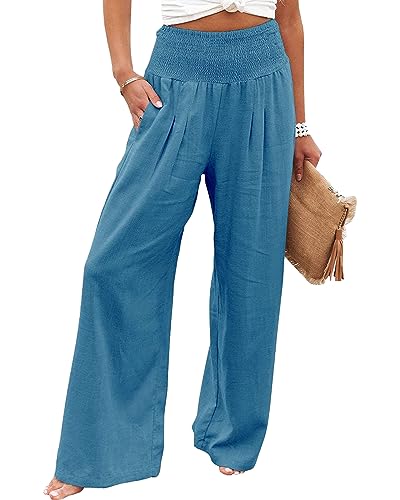 Yimutian Damen Sommer Baumwolle Leinen Palazzo Weites Bein Lang Hose Leichte Strandhose Freizeithose Stoffhose Mit Taschen Pfauenblau M von Yimutian