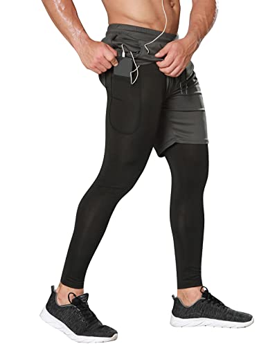 Yimutian Herren 2 in 1 Laufhose lang mit Taschen, Schnelltrocknende und Atmungsaktiv Sport Leggings für Joggen, Training, Fitness Dunkelgrau M von Yimutian