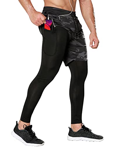 Yimutian Herren 2 in 1 Laufhose lang mit Taschen, Schnelltrocknende und Atmungsaktiv Sport Leggings für Joggen, Training, Fitness Tarnung M von Yimutian