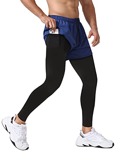 Yimutian Herren 2 in 1 Sport Leggings Lange, Kompressionshose Schnelltrocknende Trainingshose Laufhose für Joggen, Fitness Blau XL von Yimutian