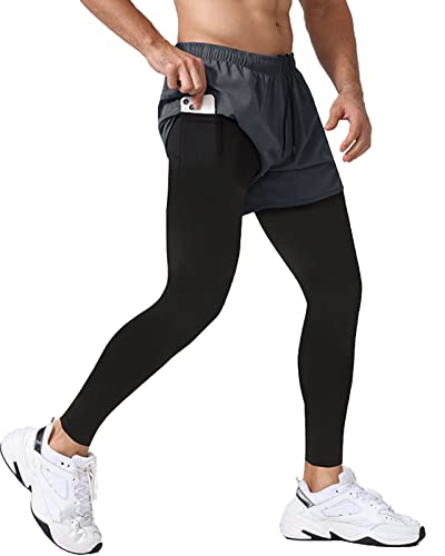 Yimutian Herren 2 in 1 Sport Leggings Lange, Kompressionshose Schnelltrocknende Trainingshose Laufhose für Joggen, Fitness Grau M von Yimutian