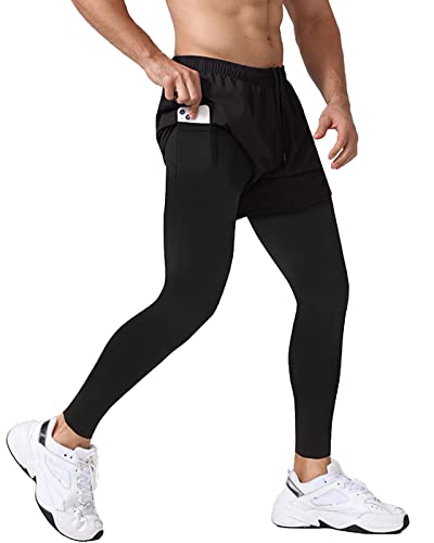 Yimutian Herren 2 in 1 Sport Leggings Lange, Kompressionshose Schnelltrocknende Trainingshose Laufhose für Joggen, Fitness Schwarz XXL von Yimutian