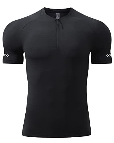 Yimutian Herren Kurzarm Sportshirt Laufshirt Funktionsshirt Schnelltrocknendes Trainingsshirt mit 1/4 Reißverschlus für Männer Schwarz 4XL von Yimutian