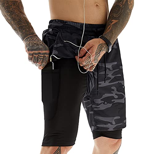 Yimutian Herren Sport Shorts 2 in 1 Laufshorts Schnelltrocknende Kurze Sporthose Fitness Training Mit Eingebaut Taschen Camo Schwarz M von Yimutian