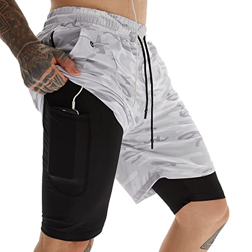 Yimutian Herren Sport Shorts 2 in 1 Laufshorts Schnelltrocknende Kurze Sporthose Fitness Training Mit Eingebaut Taschen Camo Weiß L von Yimutian