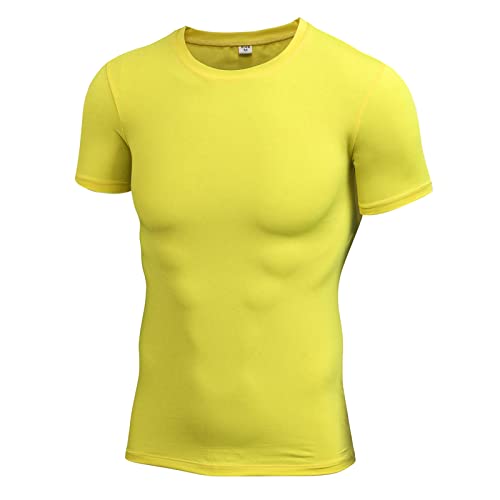 Yimutian Herren Sportshirt Kurzarm Kompressionsshirt Schnelltrocknend Funktionsshirt Trainingsshirt für Jogging Fitness Gym Gelb S von Yimutian