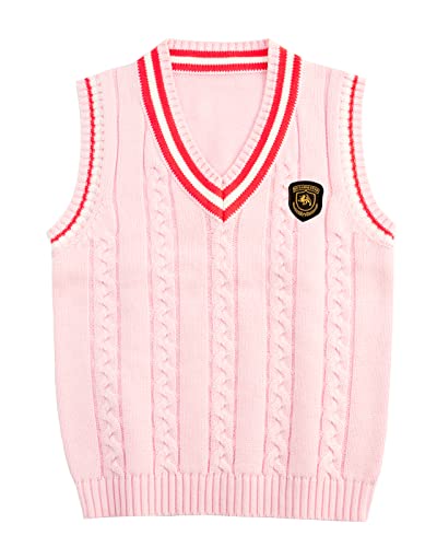 Yimutian Jungen Pullunder Kinder Mädchen Gestrickte Weste V-Ausschnitt Schuluniform Ärmellose Sweatshirt Baumwolle Strickpullover Rosa 120 von Yimutian