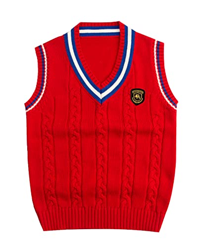 Yimutian Jungen Pullunder Kinder Mädchen Gestrickte Weste V-Ausschnitt Schuluniform Ärmellose Sweatshirt Baumwolle Strickpullover Rot 150 von Yimutian