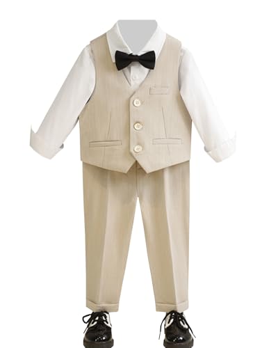 Yimutian Kinder Jungen Gentleman Smoking Anzug Kinderanzug Hochzeit Taufe Festlich Festliche Outfit Kleidung für Herbst Winter 4pcs Beige 2-3 Jahre von Yimutian