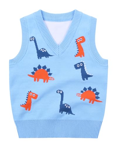 Yimutian Kinder Jungen Strickweste V-Ausschnitt Strickpullover Westen, Kinder Gestrickte Weste Top Dinosaurier Pattern Blau 130 von Yimutian
