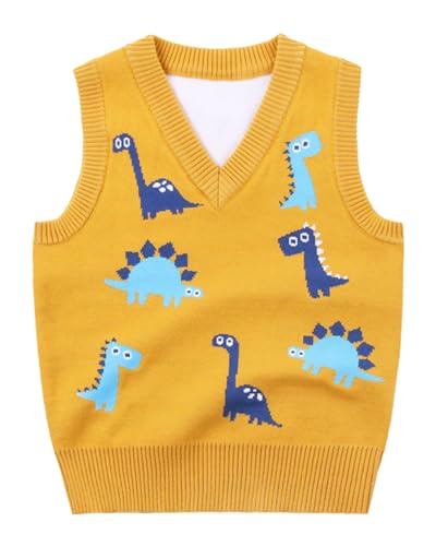 Yimutian Kinder Jungen Strickweste V-Ausschnitt Strickpullover Westen, Kinder Gestrickte Weste Top Dinosaurier Pattern Gelb 130 von Yimutian