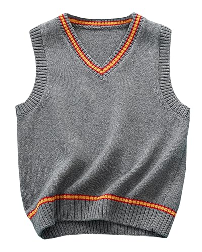 Yimutian Kinder V-Ausschnitt Strickweste Jungen Ärmellos Pullover Gestrickte Pullunder Strickpullover Oberteile Weste für Frühling Herbst Grau 120 von Yimutian