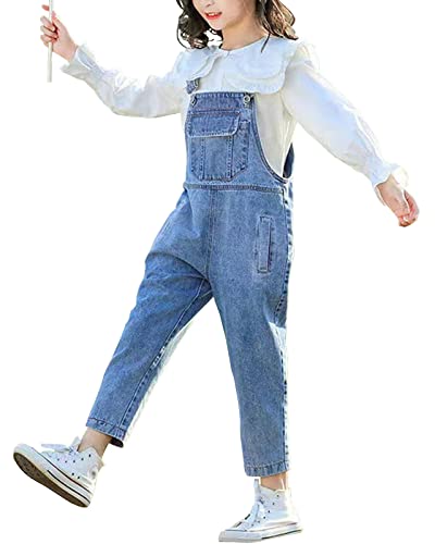 Yimutian Mädchen Jeans Latzhose Jumpsuit Lange Hose Overall mit Verstellbaren Hosenträgern Blau 140 von Yimutian