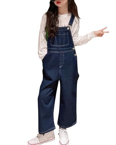Yimutian Mädchen Jeans Latzhose Kinder Jumpsuit Lange Hose Denim Overalls mit Verstellbaren Hosenträgern Dunkelblau 140 von Yimutian