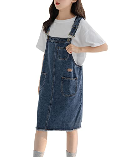 Yimutian Mädchen Jeans Latzkleid Jeans Latzrock Kinder Jeansskirt Jeansrock Verstellbar Träger Jeanskleid mit Hosenträger Blau 164 von Yimutian