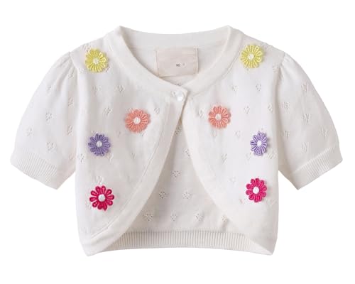 Yimutian Mädchen Kurzarm Bolero Strickjacke aus 100% Baumwolle Kinder Bolerojacke Schulterjacke Kommunionkleid mit Schleife Weiß/Bunte Blumen 110 von Yimutian
