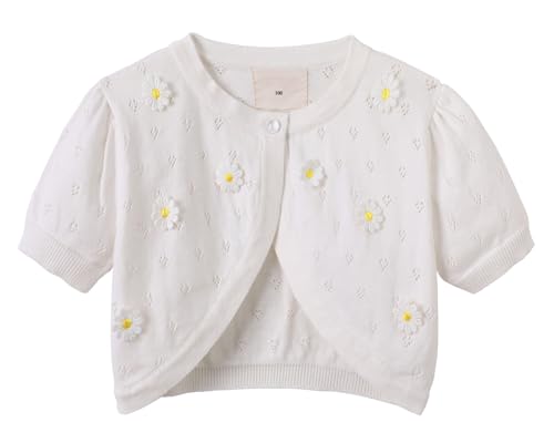 Yimutian Mädchen Kurzarm Bolero Strickjacke aus 100% Baumwolle Kinder Bolerojacke Schulterjacke Kommunionkleid mit Schleife Weiß Blumen 140 von Yimutian