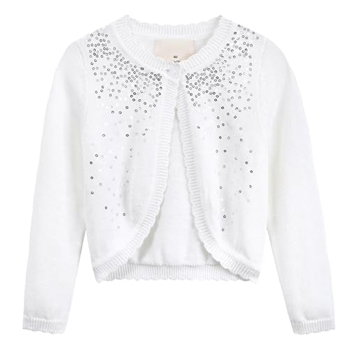 Yimutian Mädchen Langarm Bolero Funkeln Strickjacke Kinder Jäckchen Festlich Schulterjacke Top Bolerojacke Partykleid Kommunionkleid Taufkleid Weiß 120 von Yimutian