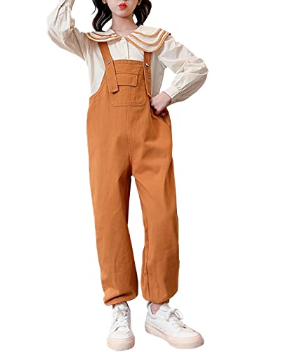 Yimutian Mädchen Latzhose Strampler Overall Weiche Baumwolle Overall Lange Latzhose und Langarmshirt 2 Stück Orange-Set 150 von Yimutian