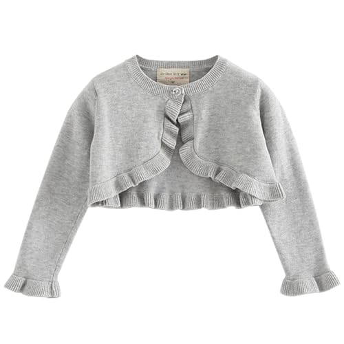 Yimutian Mädchen Strickjacken Bolero Lange Ärmel Cardigan Festlich Rundhalsauschnitt Basic Kurz Bolerojäckche Grau 140 von Yimutian