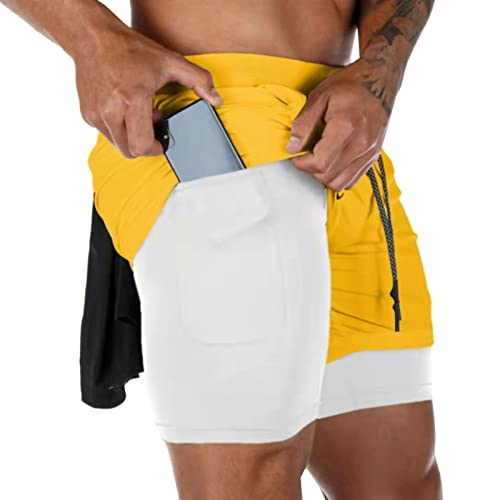 Yimutian Sportshorts Herren 2 in 1 Laufshorts Schnell Trocknende Kurze Sporthose mit Handytaschen für Workout Laufen Fitness Gelb 4XL von Yimutian