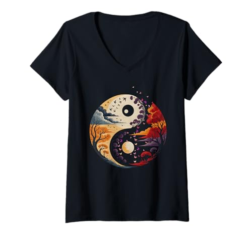 Damen Spirituelle Natur Yin Yang Gleichgewicht des Lebens mit Bäumen Natur T-Shirt mit V-Ausschnitt Damen Spirituelle Natur Yin Yang Gleichgewicht des Lebens mit Bäumen Natur T-Shirt mit V-Ausschnitt von Yin Yang Balance Of Life With Trees Nature