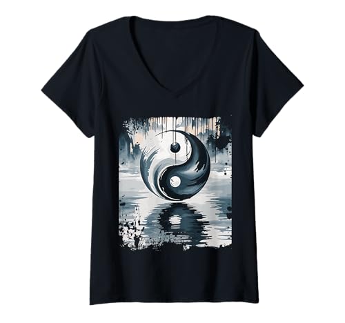 Damen Yin Yang Pinselstrich Reflexion Symbolisch Abstrakt Zen Kunst T-Shirt mit V-Ausschnitt Damen Yin Yang Pinselstrich Reflexion Symbolisch Abstrakt Zen Kunst T-Shirt mit V-Ausschnitt von Yin Yang Brush Reflection Water Flow