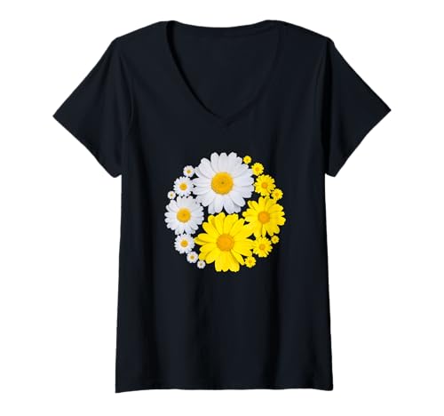 Damen Yin und Yang Weiß Gelb Gänseblümchen Formen Mania T-Shirt mit V-Ausschnitt von Yin and Yang Symbol Stylish Flowers Shapes Mania
