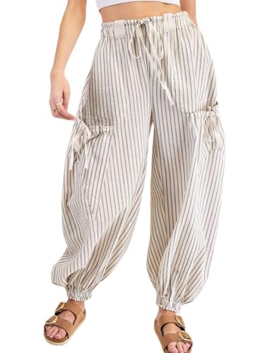 Yinawsky Damenhose mit Kordelzug, gestreift, lockeres weites Bein, lässige Loungehose mit Taschen, Hellgrau, S Yinawsky Damenhose mit Kordelzug, gestreift, lockeres weites Bein, lässige Loungehose mit Taschen, Hellgrau, S von Yinawsky