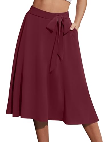 Yincro Damen A-Linie Midi Rock mit Taschen Hohe Taille Ausgestellt Unterhalb des Knies Röcke, Burgunder, Klein von Yincro