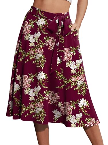 Yincro Damen A-Linie Midi Rock mit Taschen Hohe Taille Ausgestellt Unterhalb des Knies Röcke, Flower weinrot, X-Groß von Yincro