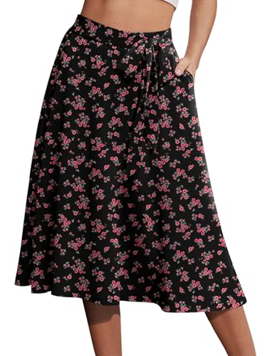 Yincro Damen A-Linie Midi Rock mit Taschen Hohe Taille Ausgestellt Unterhalb des Knies Röcke, Pink Flower Black, Klein von Yincro