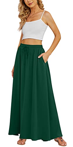 Yincro Damen Flowy Maxi Rock Sommer Plissee Hohe Taille Casual Lange Röcke mit Taschen, Dunkelgrün, Groß von Yincro