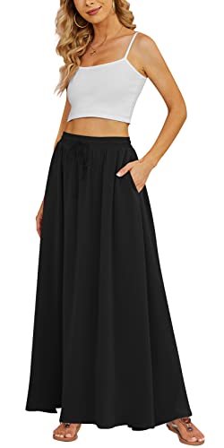 Yincro Damen Flowy Maxi Rock Sommer Plissee Hohe Taille Casual Lange Röcke mit Taschen, Schwarz, Mittel von Yincro