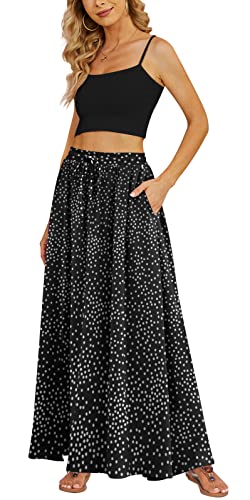 Yincro Damen Flowy Maxi Rock Sommer Plissee Hohe Taille Casual Lange Röcke mit Taschen, Weiß gepunktet schwarz, X-Groß von Yincro