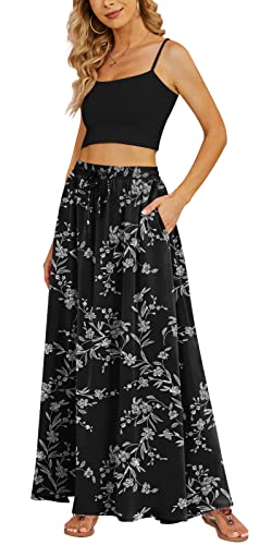 Yincro Damen Flowy Maxi Rock Sommer Plissee Hohe Taille Casual Lange Röcke mit Taschen, Weiße Blume Schwarz, Mittel von Yincro