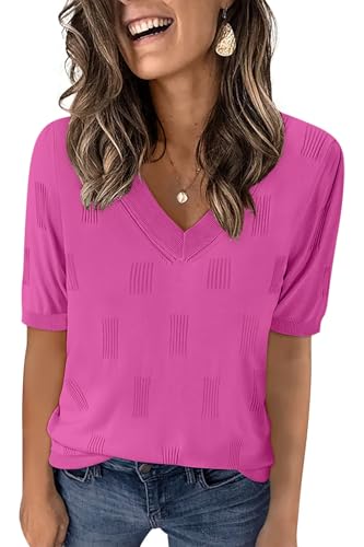 Yincro Damen-Pullover, kurzärmelig, Herbst, Sommer, V-Ausschnitt, leichter Strickpullover, Knallpink (Hot Pink), Mittel von Yincro
