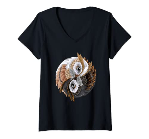 Damen Ying Yang Eule Yin Qigong Tai Chi Eulen T-Shirt mit V-Ausschnitt von Ying Yang Design Shop