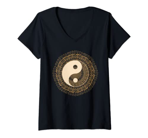 Damen Ying-Yang-Mandala T-Shirt mit V-Ausschnitt von Ying-Yang-Mandala
