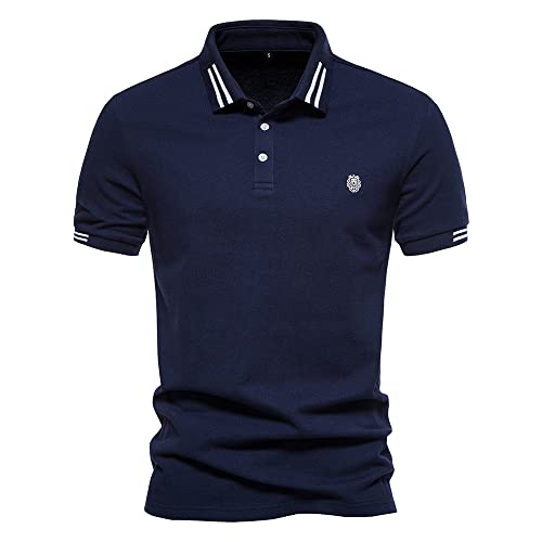 Sportshirt Herren Sommer Kurzarm Shirt Slim Fit Stickerei Polo Shirts Atmungsaktiv Casual Shirt Gestreiftes Revers Business Work Golf Shirts Männer C-Navy1 L von Ying