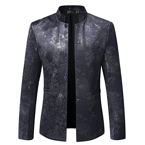 Ying Anzug Jacke Männer Retro Druck Taschen-Dekoration Langarm Jacke Herren Slim Fit Stehkragen Blazer Herren Urban Britischer Stil Einfarbig Performances Kostüme B-Navy 3XL von Ying