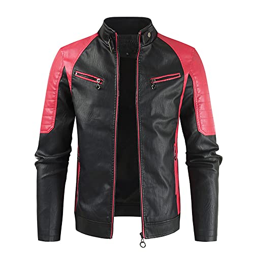 Ying Jacke Herren Slim Fit Urban Gutaussehend Farbkontrast Kunstleder Herren Motorradjacke Stehkragen Mit Reißverschluss Outdoor Freeride Wasserdicht Herren Lederjacke A-Black XXL von Ying