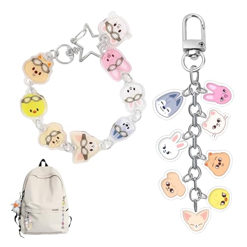 2 Pcs Süße Schlüsselanhänger Mädchen,Verstellbar Niedlicher Armband Schlüsselanhänger Damen,Keychain Cute Keychain für Stray Kids SKZOO,Süße Anhänger,Acryl-Schlüsselanhänger-Set für SKZOO Fanartikel von YingMengZhiGe