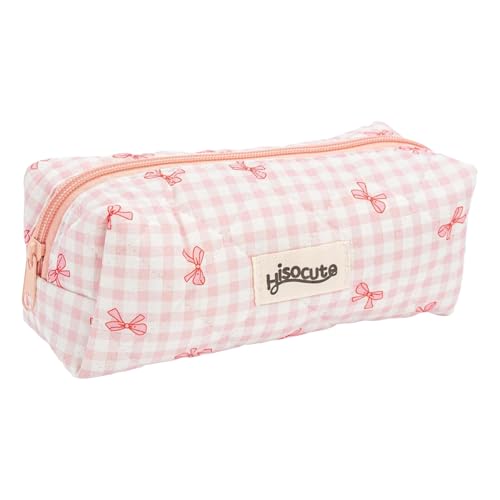 Federmäppchen Mädchen,Niedliches Federmäppchen Aesthetic,Cartoon Federtasche Rosa,Mäppchen Schule Federmappe,Quilted Cotton Pencil Case with Bow Print,Clean Girl Etui Federpenal with Schleife Muster von YingMengZhiGe