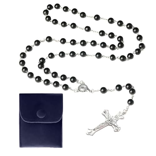 Rosenkranz Katholisch,KunstPerlen Rosario Necklace mit Retro-Kreuz,Rosary Necklace,Kette Kommunion Mädchen,Glaube Perlenrosenkranz Junge,mit Samt Geschenkbeutel für Taufe Kommunion Hochzeit (Schwarz) von YingMengZhiGe