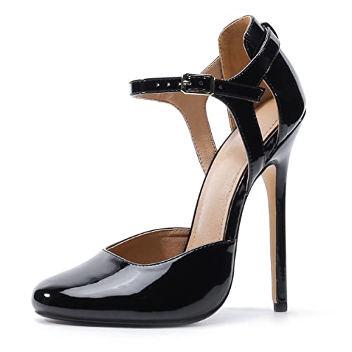 Yinghesheng Damen Pumps 15cm Stiletto Lack Leather High Heels Knöchelriemen Spangen Sandalen,Black patent Leather,45 EU von Yinghesheng