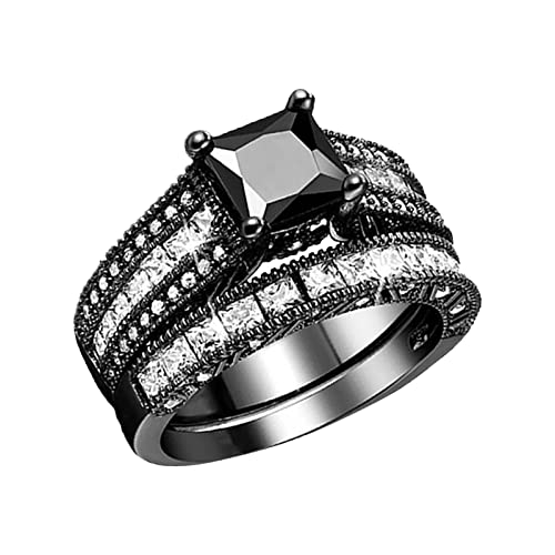 2-in-1 Damen-Ring, Vintage-Stil, schwarzer Ring, Diamant, Verlobungsring, Ehering-Set, Tochterringe für Teenager, Mädchen, Schwarz , 36 von Yinguo