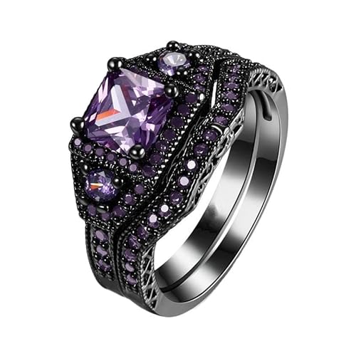 2PC Square Schwarz Lila Zirkonia Braut Strass Verlobung Schwarzer Ring Voller Diamant Zirkonia Solitär Ring 5 12 Karo Ring für Frauen, Schwarz , 11 von Yinguo