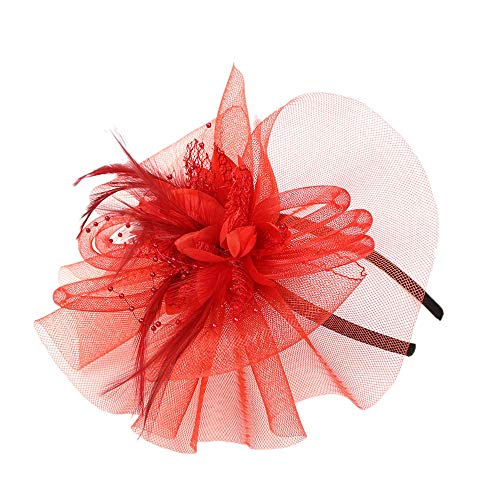 Baumwoll-Stirnbänder für Frauen und Hochzeiten, Mesh-N-Fascinator, Federn, Party, modische Bänder, Stifthut, Y Frauen, Baseballkappen (Rot-B, Einheitsgröße) von Yinguo