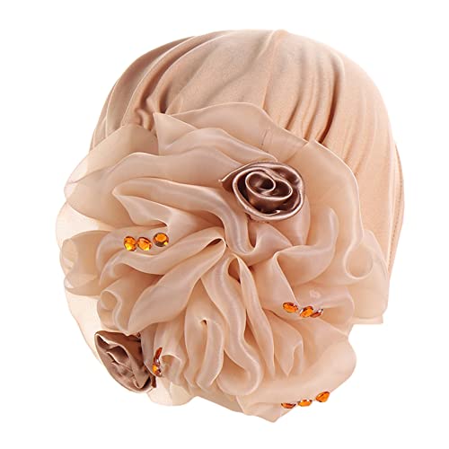 Damen Solid Flowers Head Hat Cap Kopfbedeckung Muslim Turban Cap Slouchy Kopfbedeckung Mädchen Haarband (A-Khaki, Einheitsgröße) von Yinguo